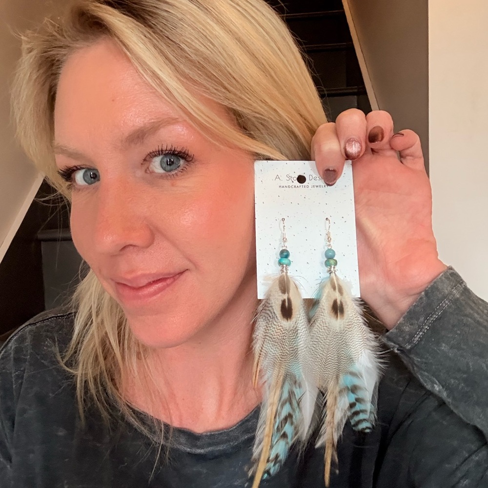 Handcrafted Feather Earrings with Turquoise Accents
